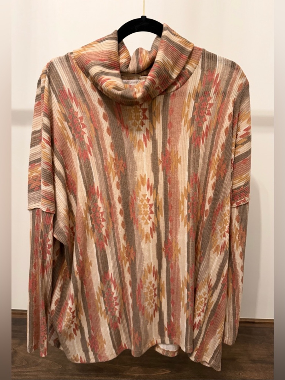 ODDI Southwestern Print Cowl Neck Top with draped open back– Size Small 🤎